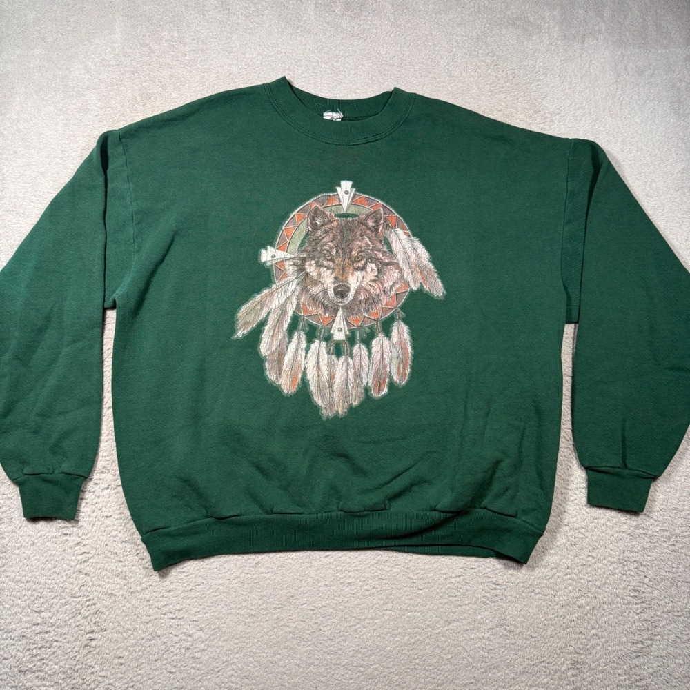 Vintage Wolf Dreamcatcher Sweatshirt Mens XL Green 90s Graphic Boxy Fit Pullover